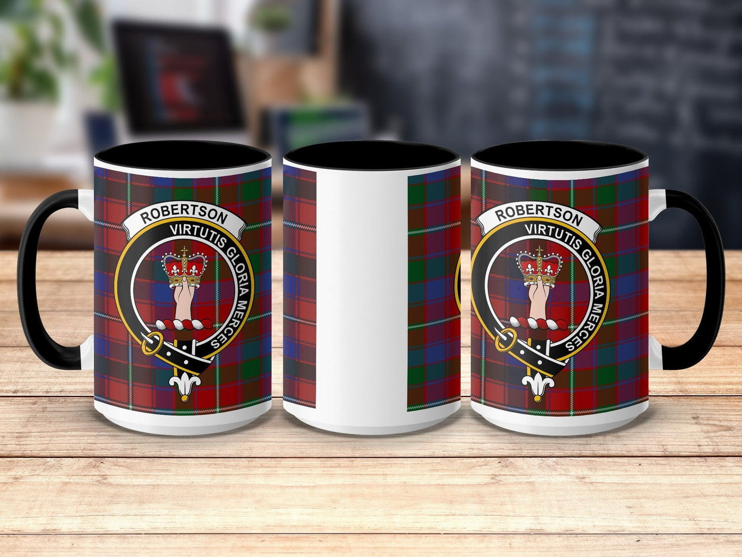 Physical Item 15oz / Black Robertson Clan Crest Tartan Scottish Mug