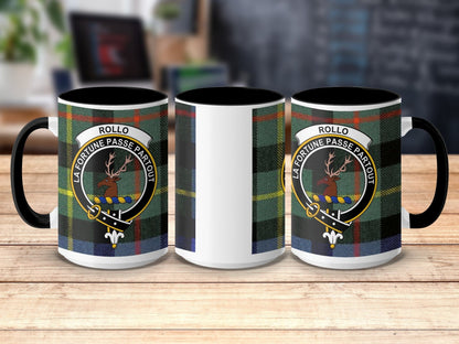 Physical Item 15oz / Black Rollo Clan Crest Tartan Scottish Mug