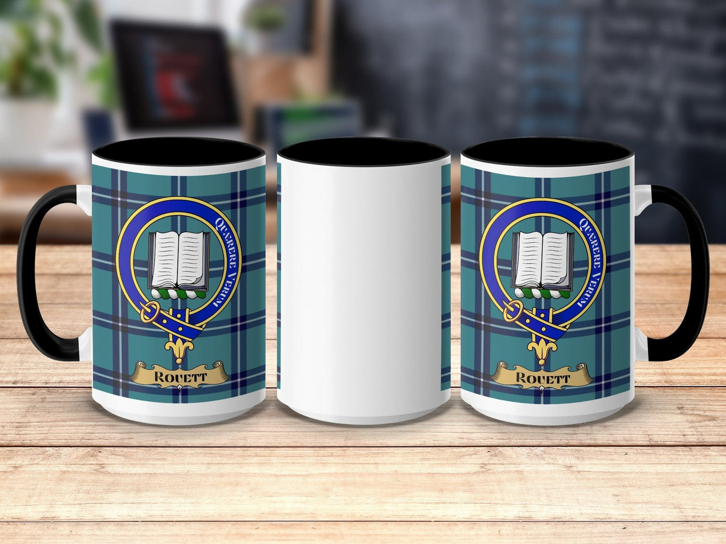 Physical Item 15oz / Black Rouett Clan Scottish Tartan Crest Mug