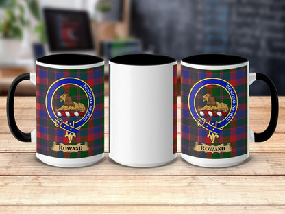 Physical Item 15oz / Black Rowand Clan Scottish Tartan Crest Mug