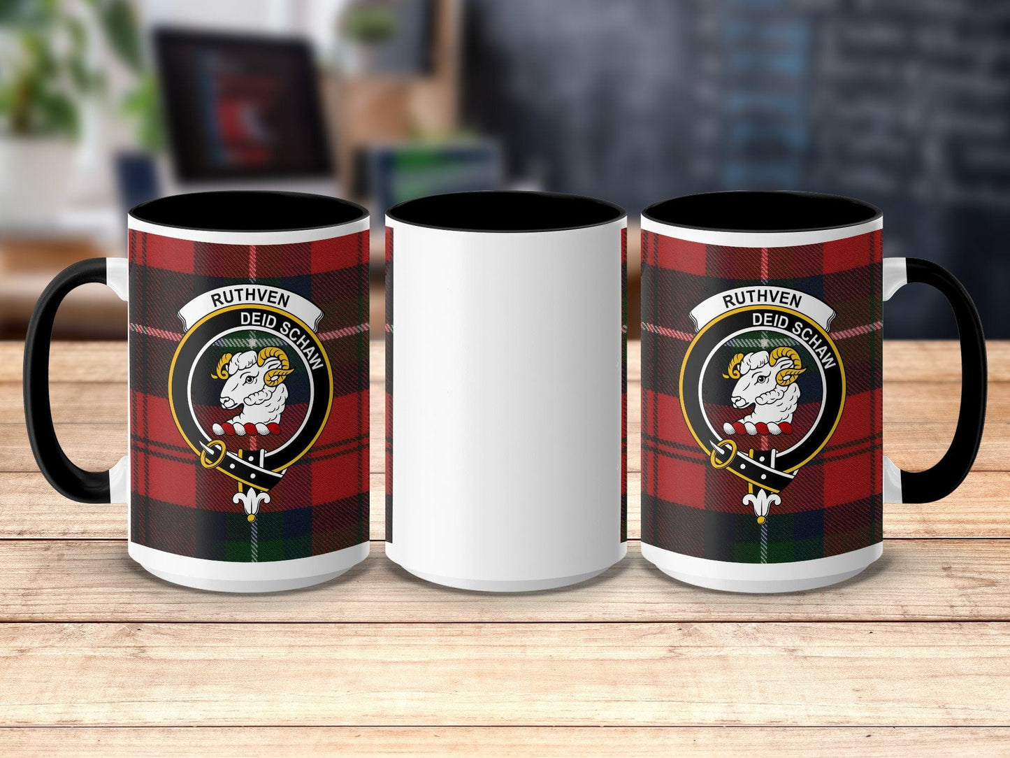 Physical Item 15oz / Black Ruthven Clan Scottish Tartan Crest Mug