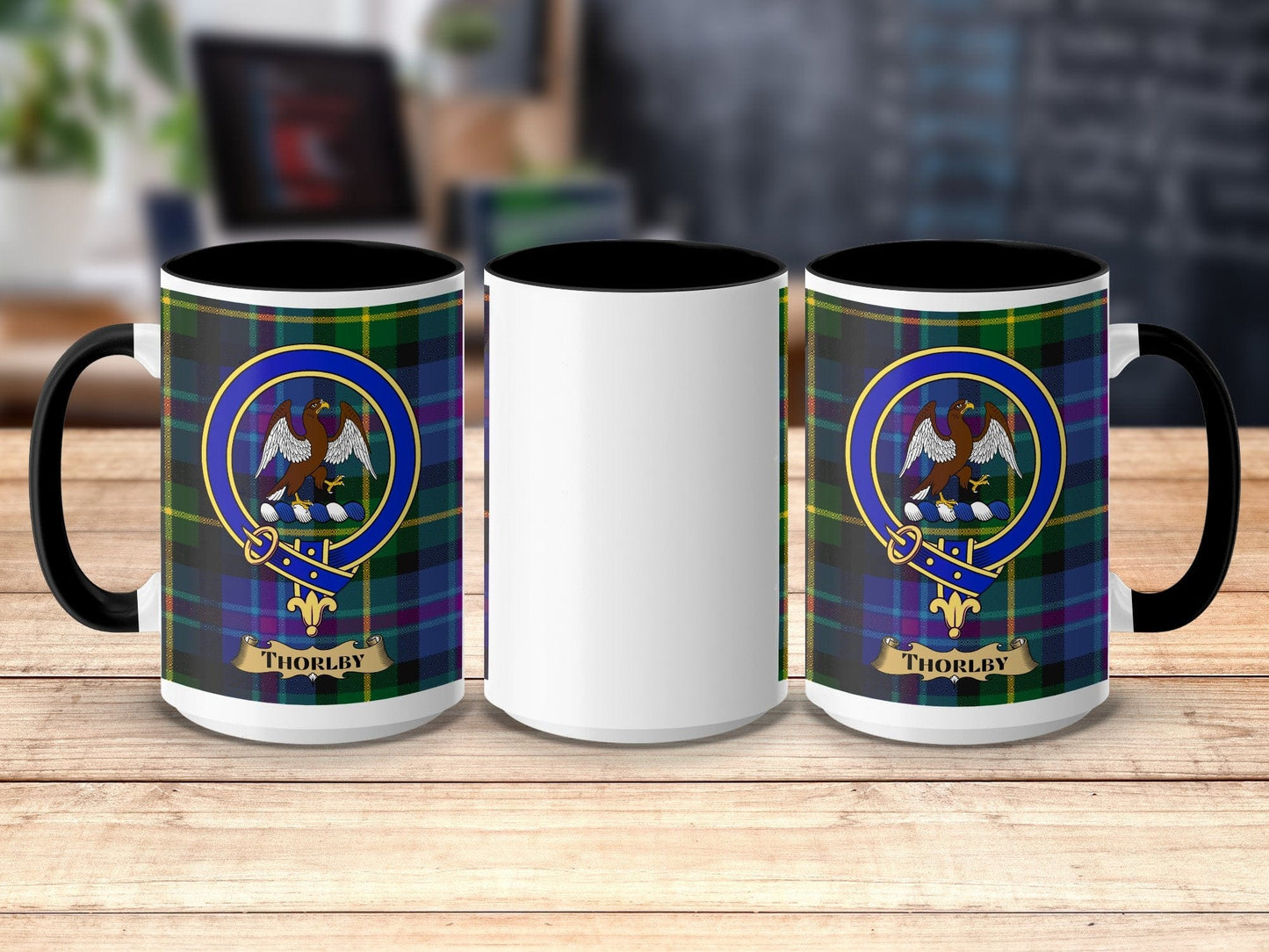 Physical Item 15oz / Black Thorlby Clan Scottish Tartan Crest Mug