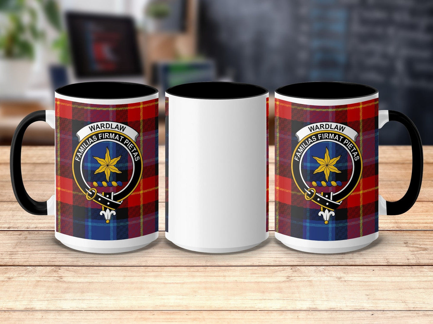 Physical Item 15oz / Black Wardlaw Clan Scottish Tartan Crest Mug