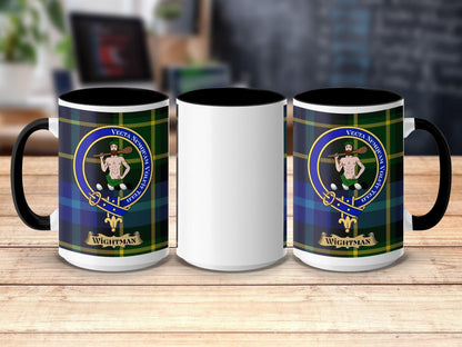 Physical Item 15oz / Black Wightman Clan Scottish Tartan Crest Mug