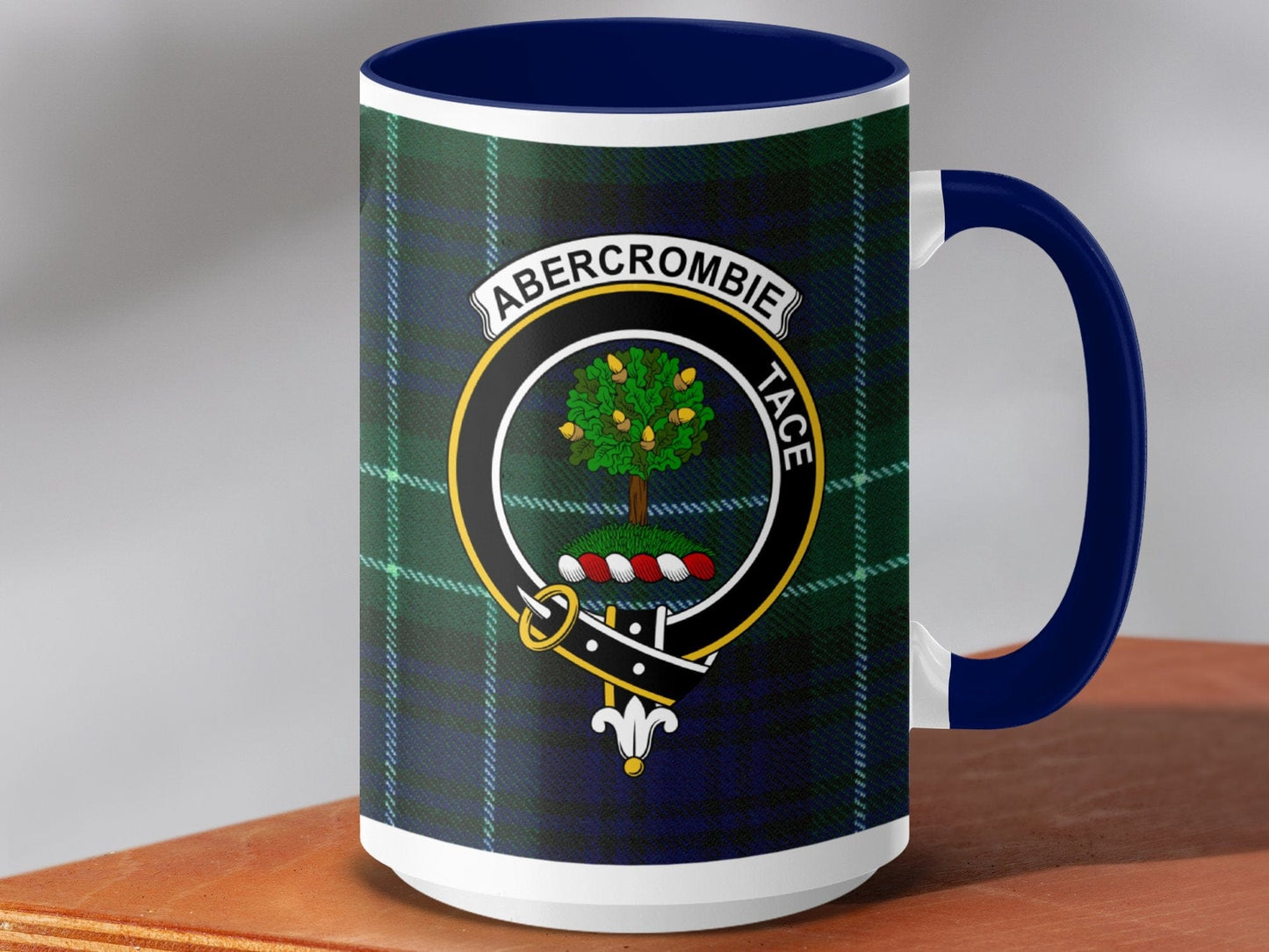 Physical Item 15oz / Dark Blue Abercrombie Clan Scottish Tartan Crest Mug