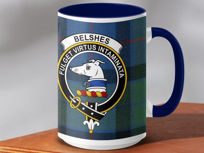 Physical Item 15oz / Dark Blue Belshes Clan Crest Tartan Scottish Mug