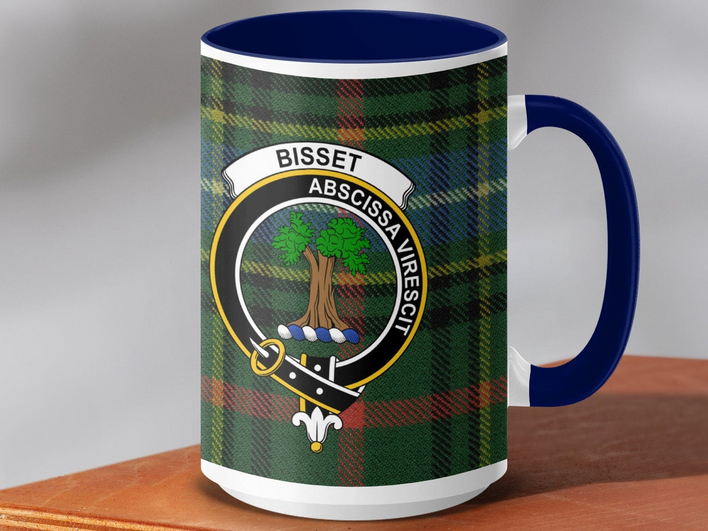 Physical Item 15oz / Dark Blue Bisset Clan Crest Tartan Scottish Mug