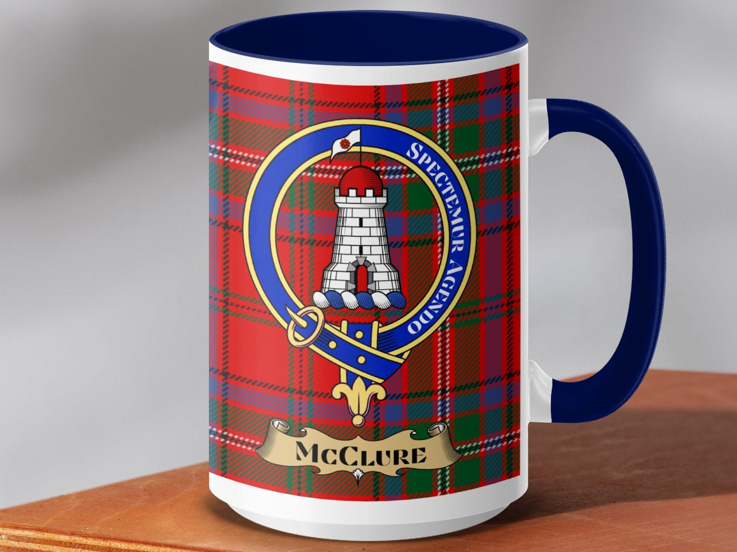 Physical Item 15oz / Dark Blue McClure Clan Scottish Tartan Crest Mug