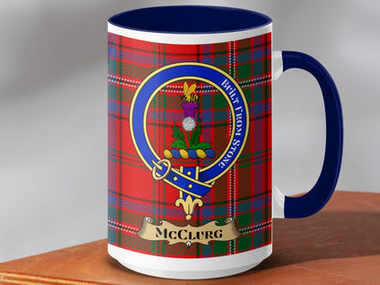 Physical Item 15oz / Dark Blue McClurg Clan Scottish Tartan Crest Mug