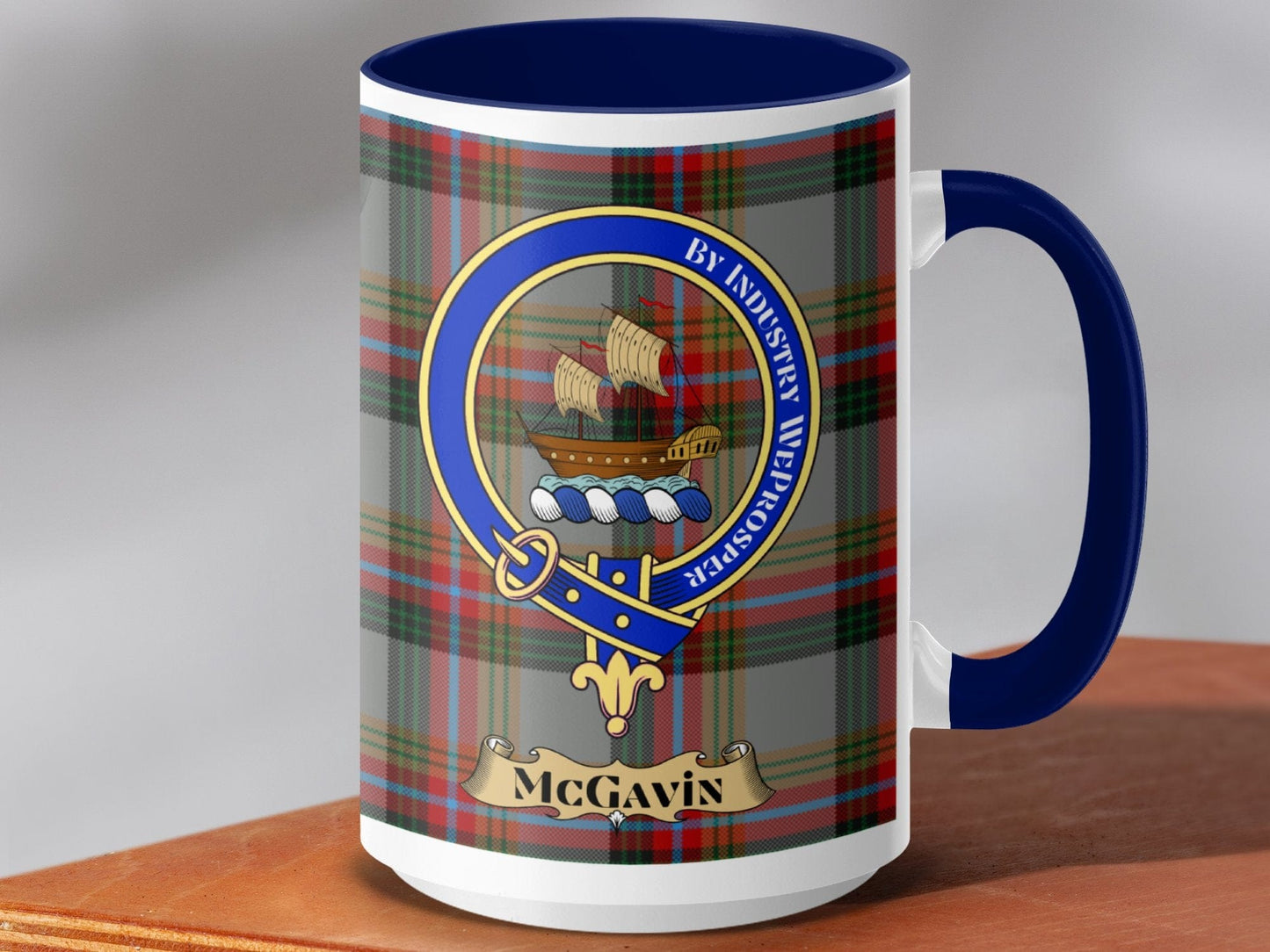 Physical Item 15oz / Dark Blue McGavin Clan Scottish Tartan Crest Mug