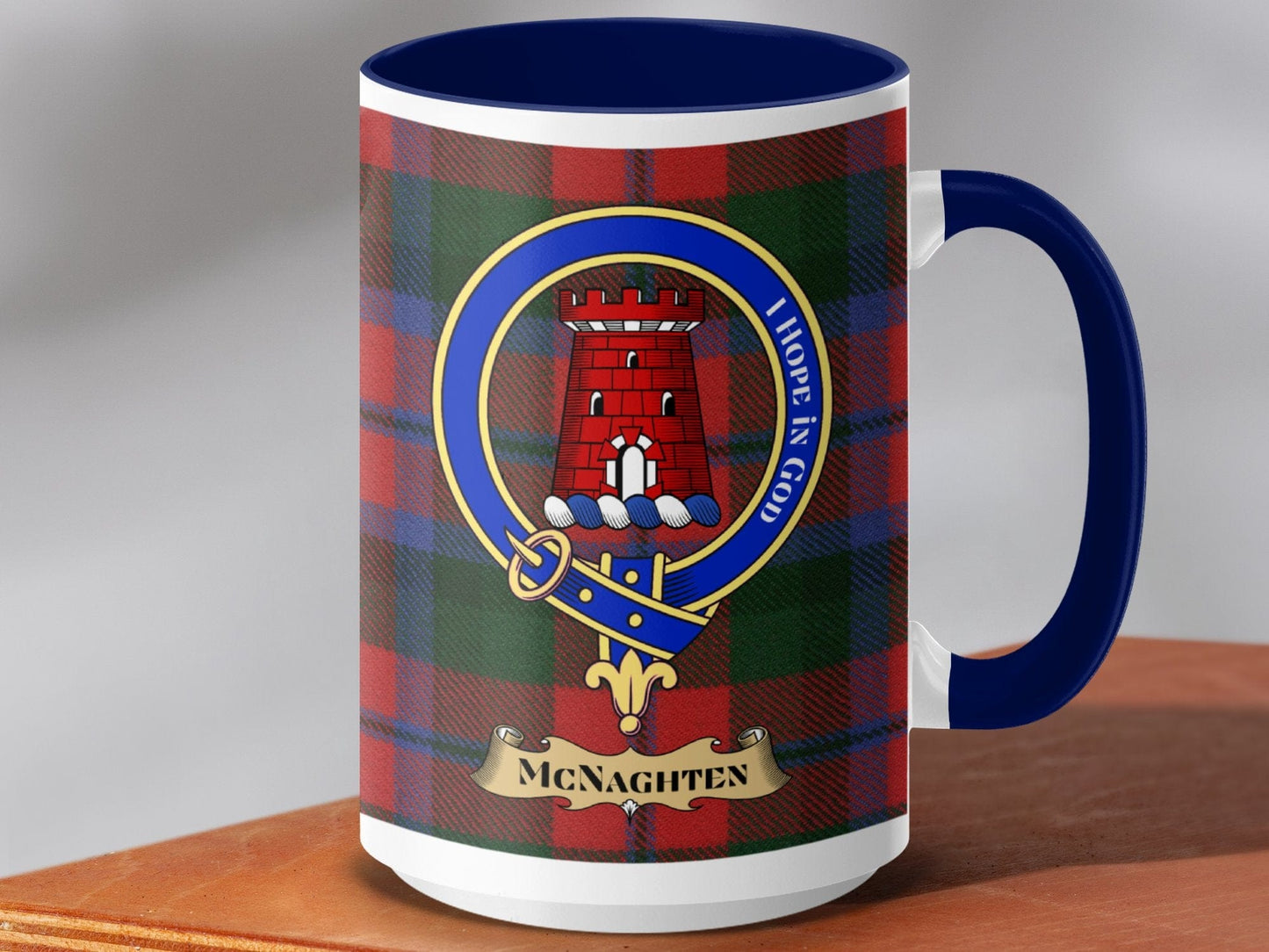 Physical Item 15oz / Dark Blue McNaghten Clan Scottish Tartan Crest Mug