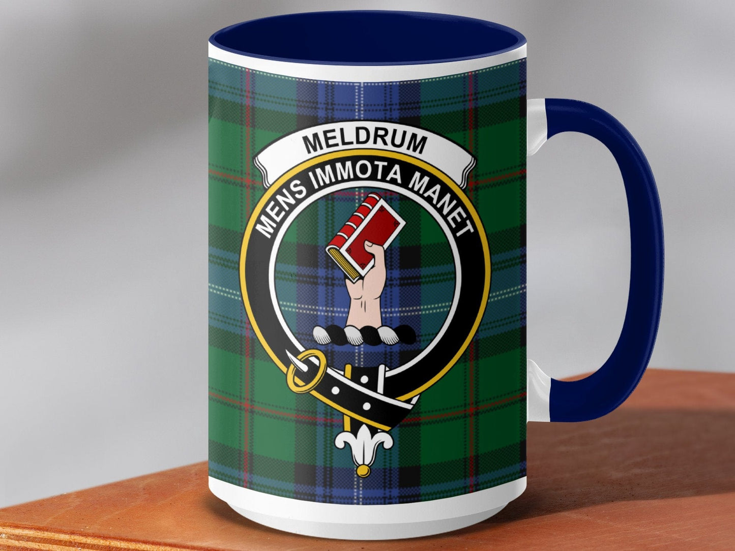 Physical Item 15oz / Dark Blue Meldrum Clan Scottish Tartan Plaid Crest Mug