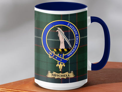 Physical Item 15oz / Dark Blue Mitchell Clan Scottish Tartan Crest Mug