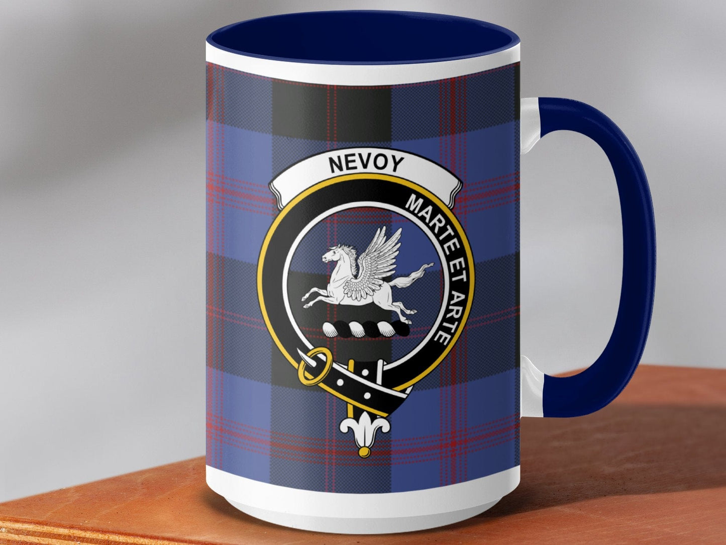 Physical Item 15oz / Dark Blue Nevoy Clan Crest Tartan Scottish Mug