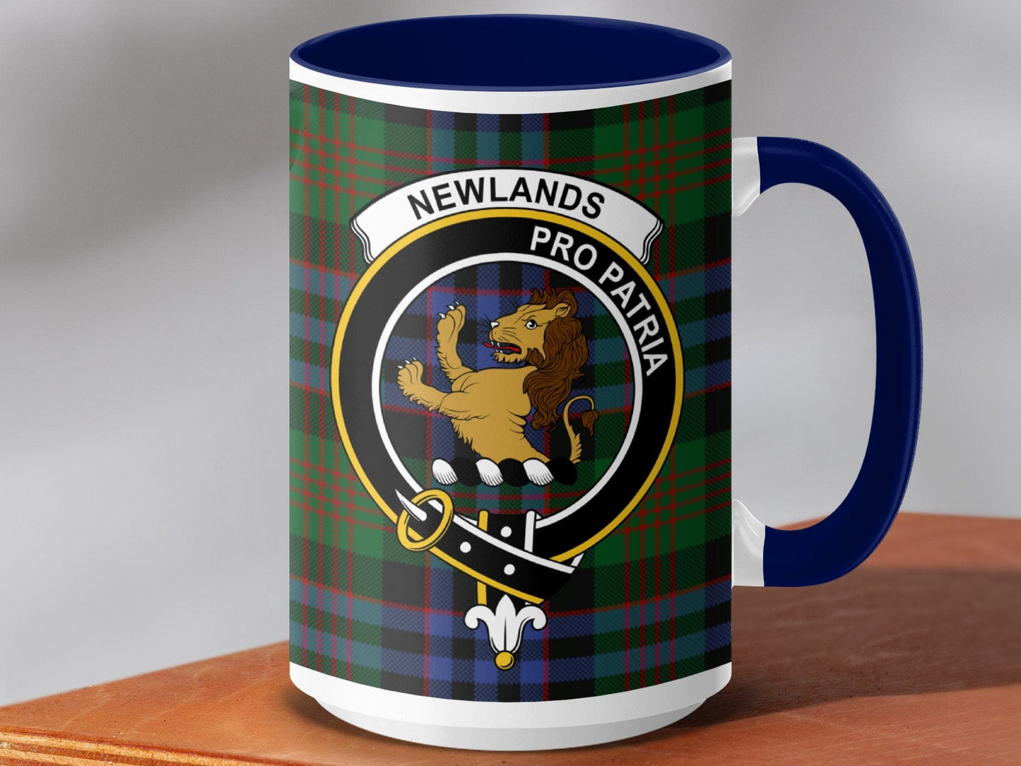 Physical Item 15oz / Dark Blue Newlands Clan Pro Patria Scottish Tartan Mug