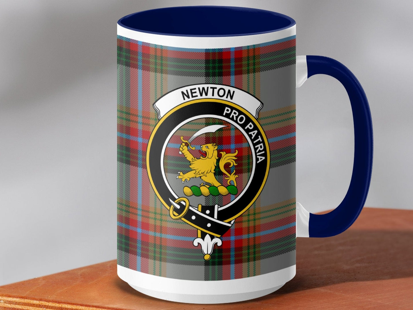 Physical Item 15oz / Dark Blue Newton Clan Crest Tartan Scottish Mug