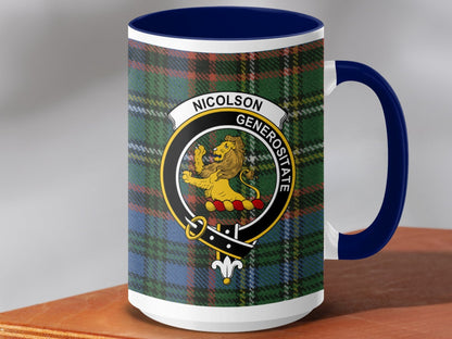 Physical Item 15oz / Dark Blue Nicolson Clan Crest Tartan Scottish Mug