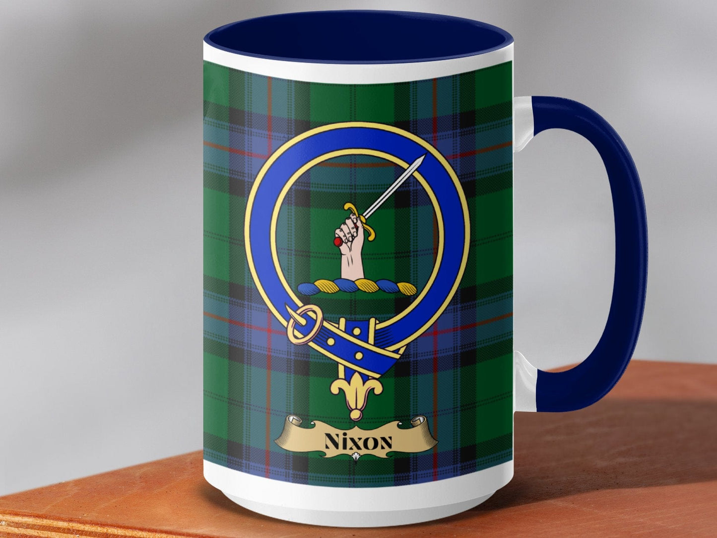 Physical Item 15oz / Dark Blue Nixon Clan Scottish Tartan Crest Mug