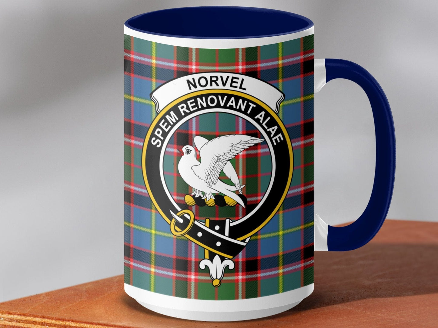 Physical Item 15oz / Dark Blue Norvel Clan Scottish Tartan Mug