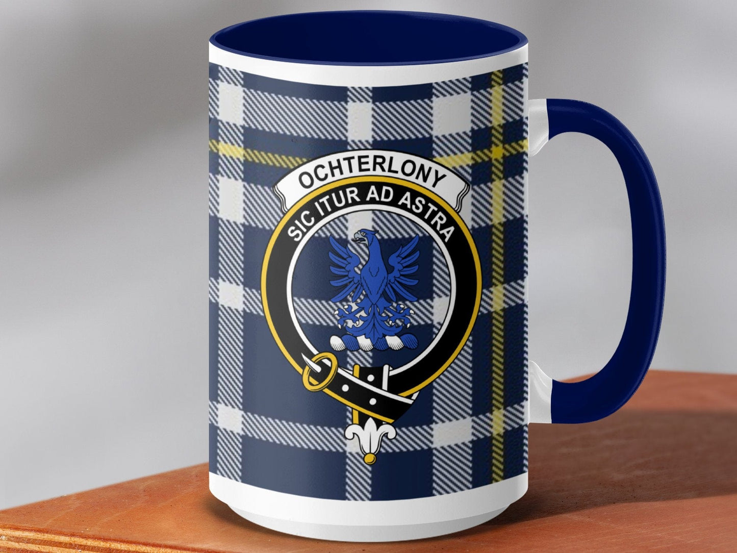 Physical Item 15oz / Dark Blue Ochterlony Clan Crest Tartan Scottish Mug