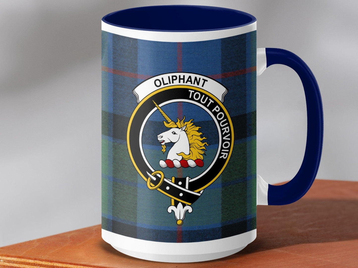 Physical Item 15oz / Dark Blue Oliphant Clan Crest Tartan Scottish Mug