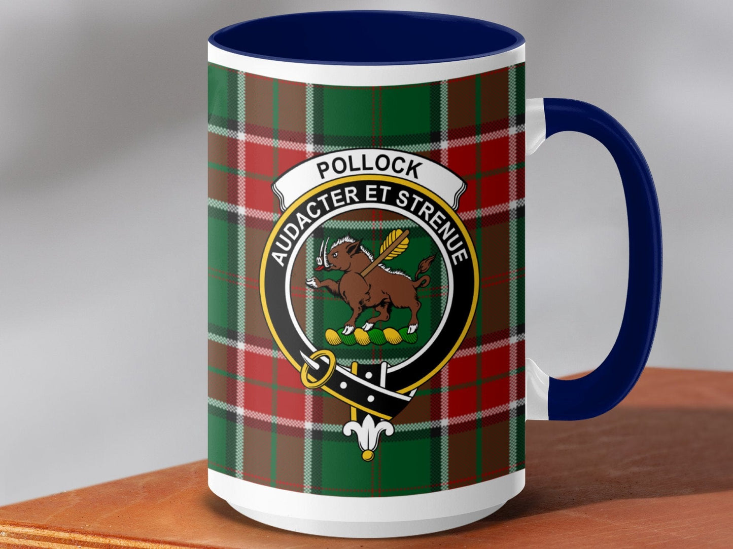 Physical Item 15oz / Dark Blue Pollock Clan Crest Tartan Scottish Mug