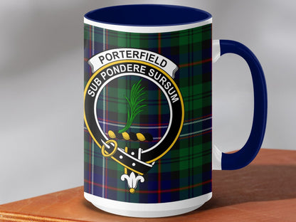 Physical Item 15oz / Dark Blue Porterfield Clan Crest Tartan Scottish Mug