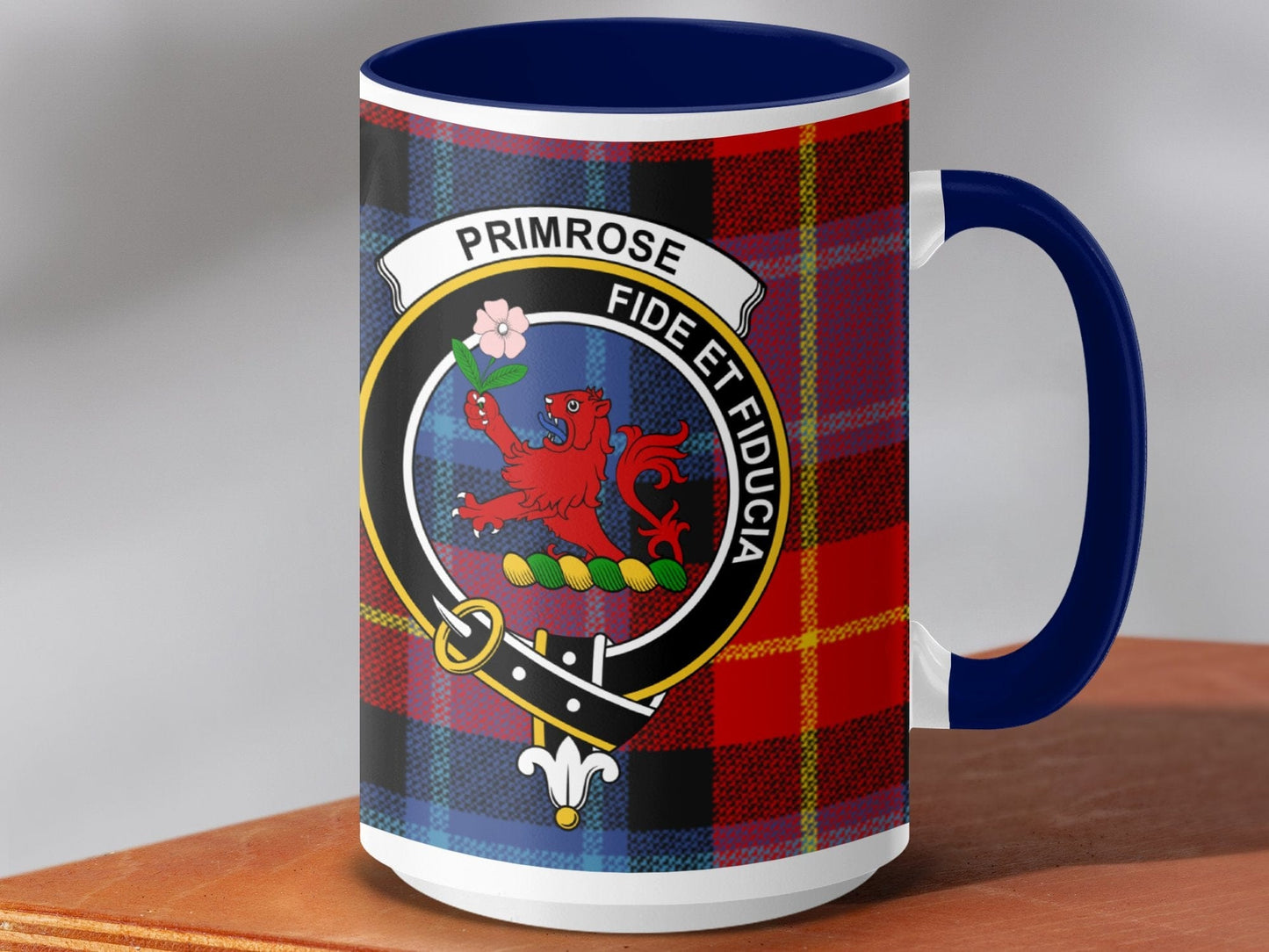 Physical Item 15oz / Dark Blue Primrose Clan Crest Tartan Scottish Mug