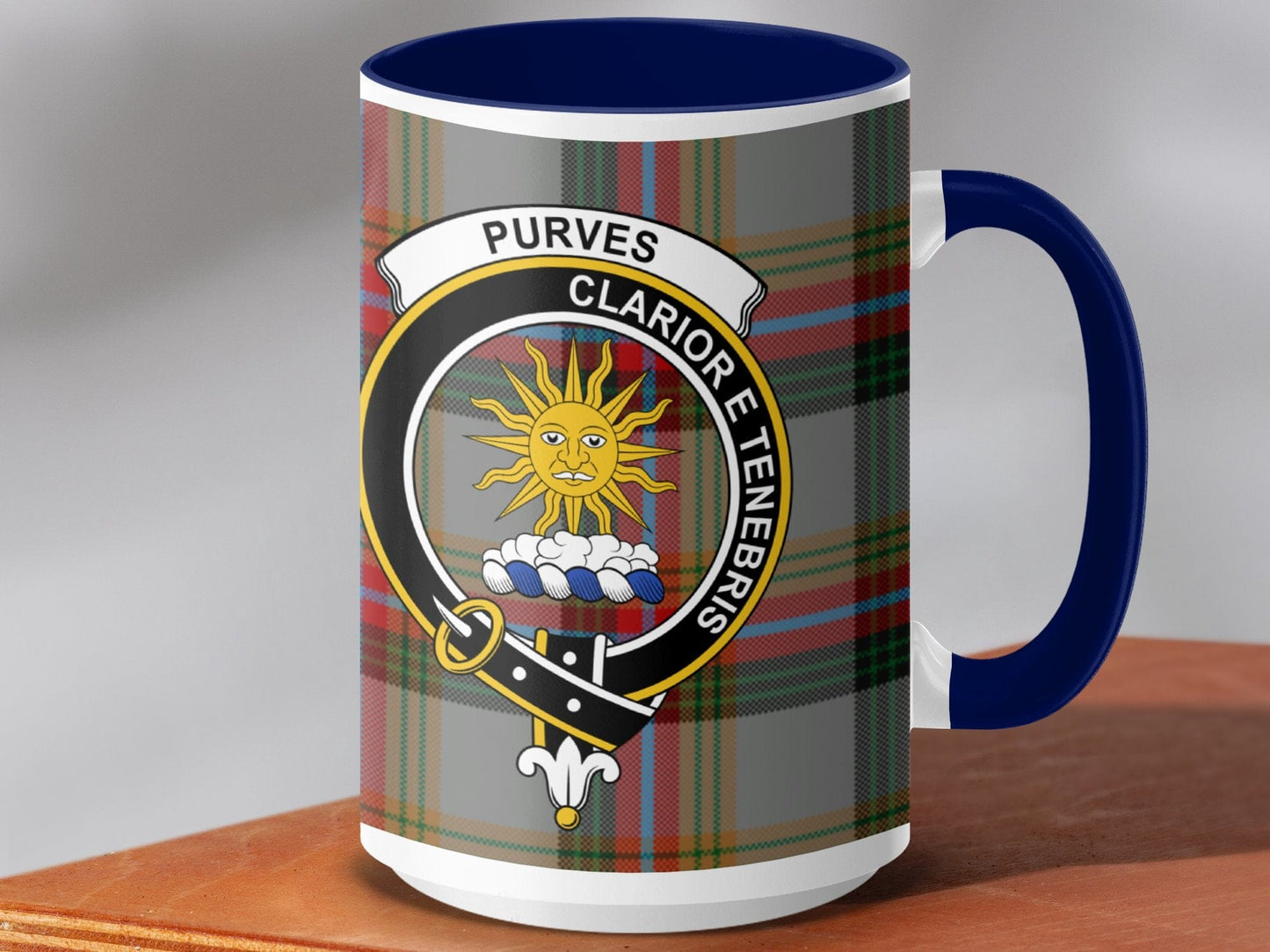 Physical Item 15oz / Dark Blue Purves Clan Crest Tartan Scottish Mug