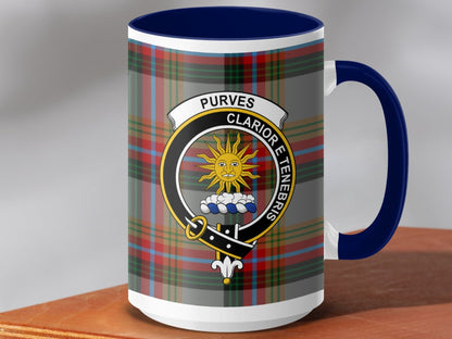 Physical Item 15oz / Dark Blue Purves Clan Crest Tartan Scottish Mug