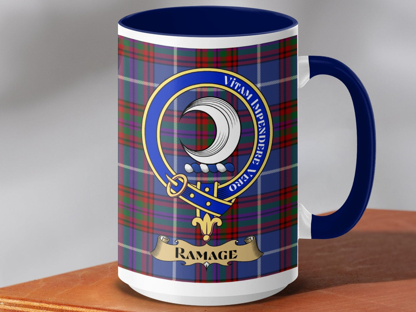 Physical Item 15oz / Dark Blue Ramage Clan Scottish Tartan Crest Mug