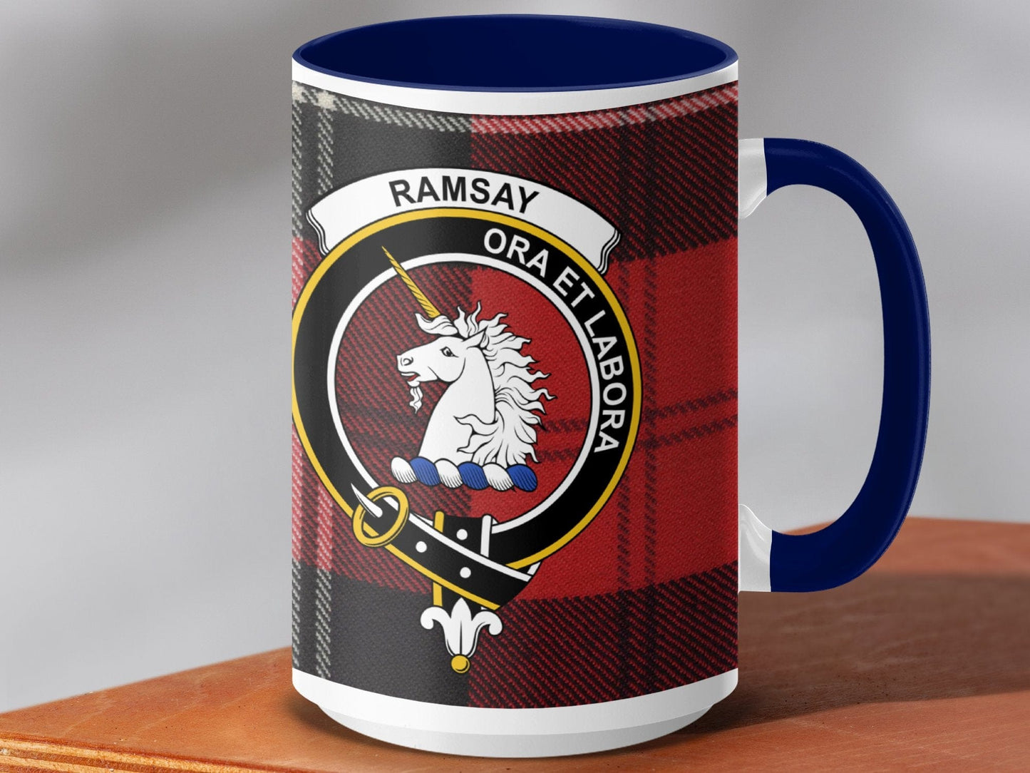 Physical Item 15oz / Dark Blue Ramsay Clan Crest Tartan Scottish Mug