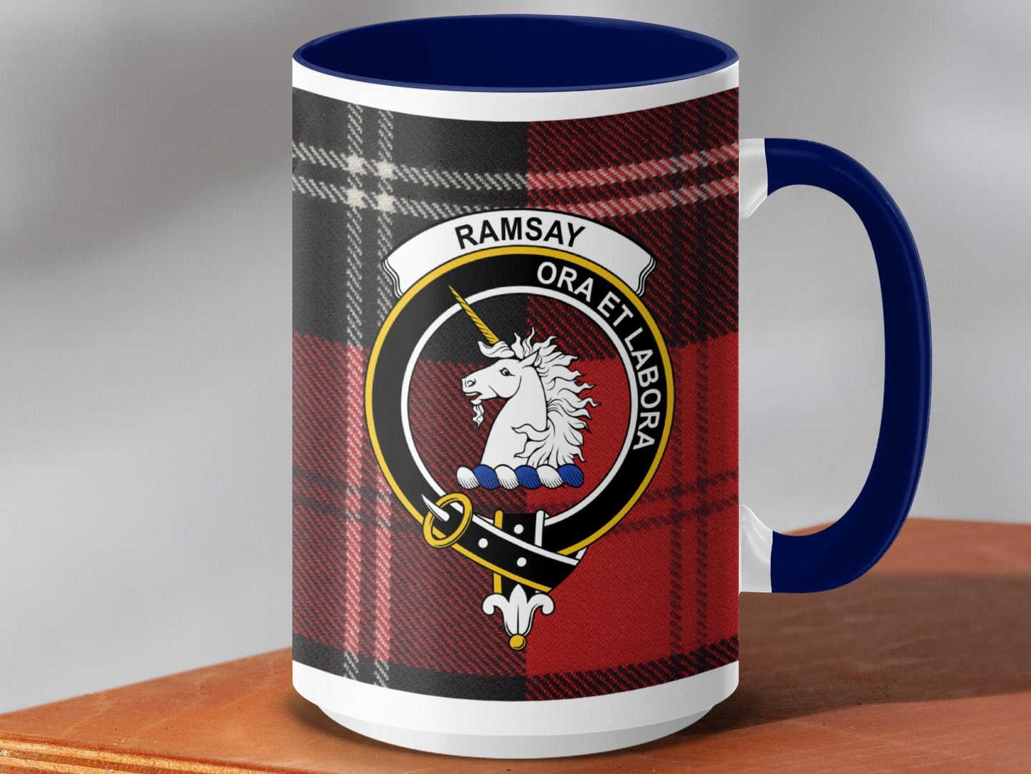 Physical Item 15oz / Dark Blue Ramsay Clan Crest Tartan Scottish Mug