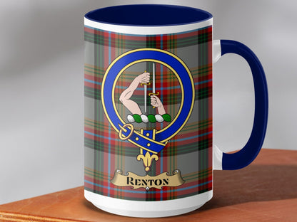 Physical Item 15oz / Dark Blue Renton Clan Scottish Tartan Crest Mug