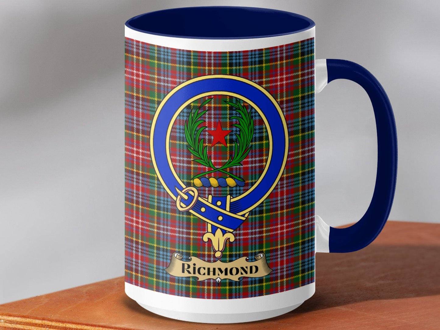 Physical Item 15oz / Dark Blue Richmond Clan Scottish Tartan Crest Mug