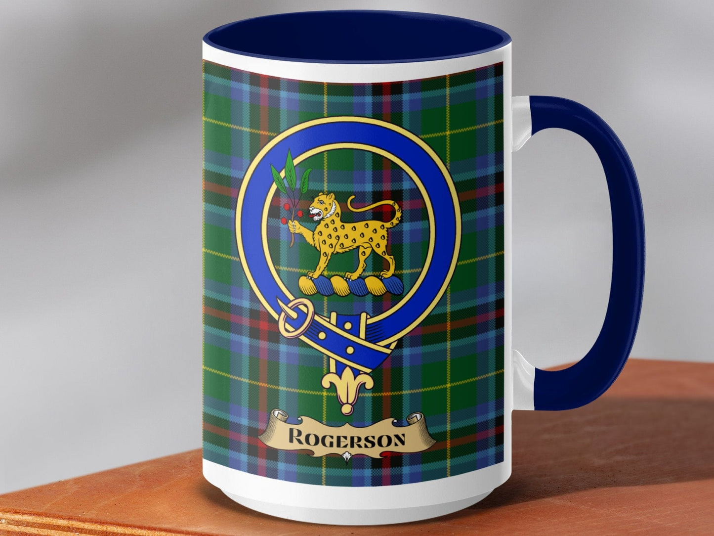 Physical Item 15oz / Dark Blue Rogerson Clan Scottish Tartan Crest Mug