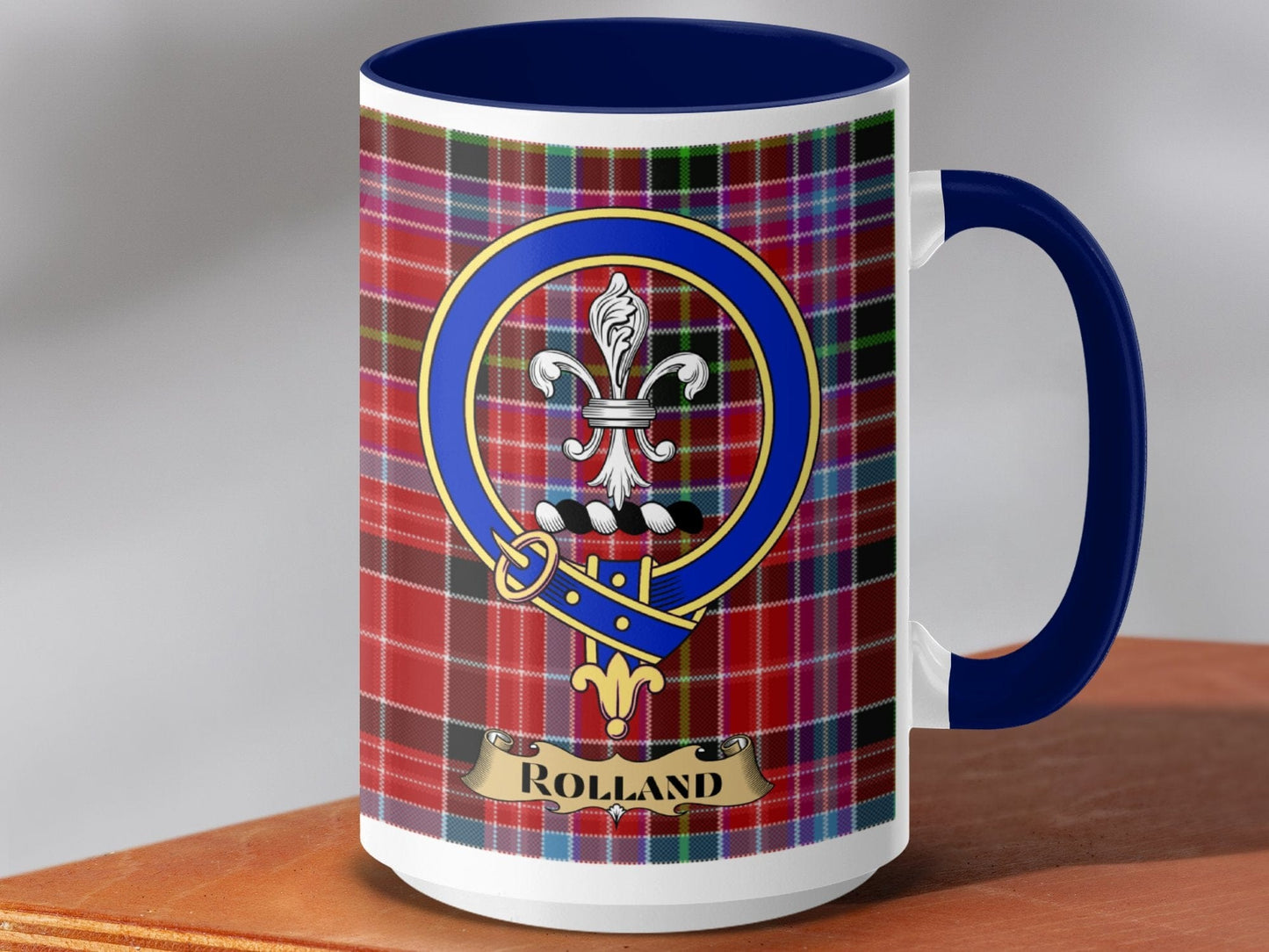 Physical Item 15oz / Dark Blue Rolland Clan Scottish Tartan Crest Mug