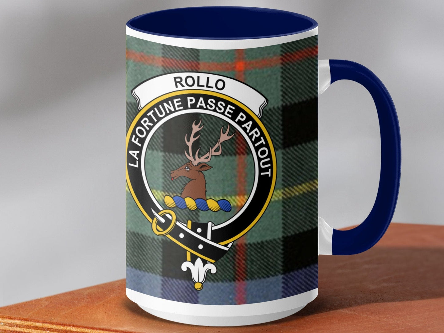 Physical Item 15oz / Dark Blue Rollo Clan Crest Tartan Scottish Mug