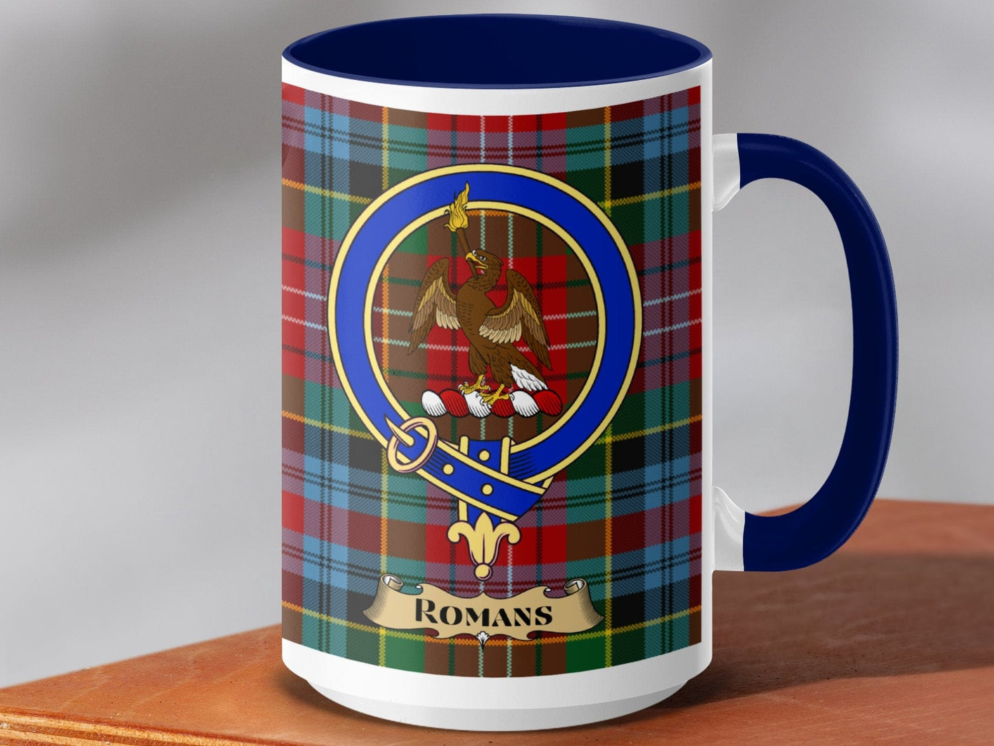 Physical Item 15oz / Dark Blue Romans Clan Scottish Tartan Crest Mug