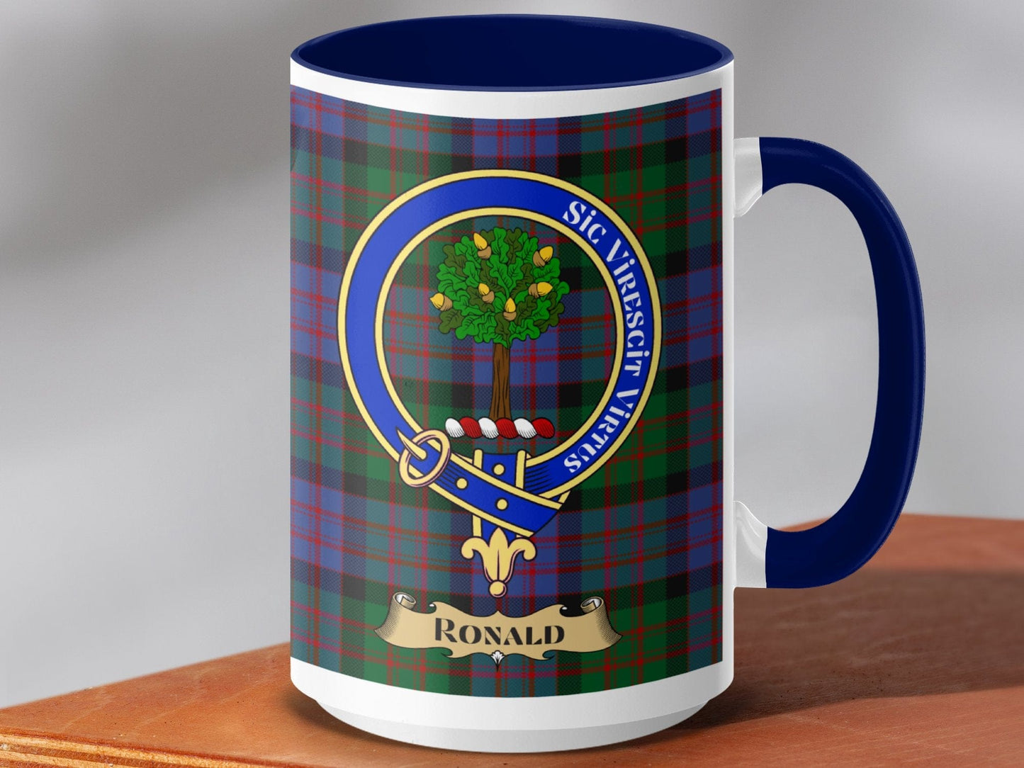 Physical Item 15oz / Dark Blue Ronald Clan Scottish Tartan Crest Mug