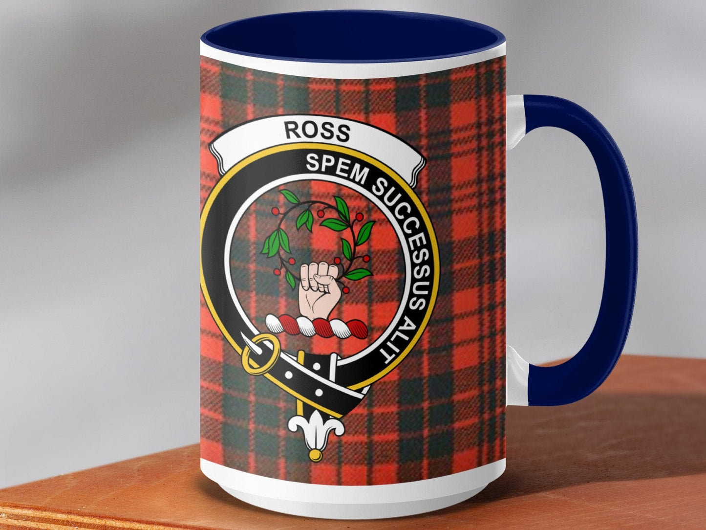 Physical Item 15oz / Dark Blue Ross Clan Crest Tartan Background Scottish Mug