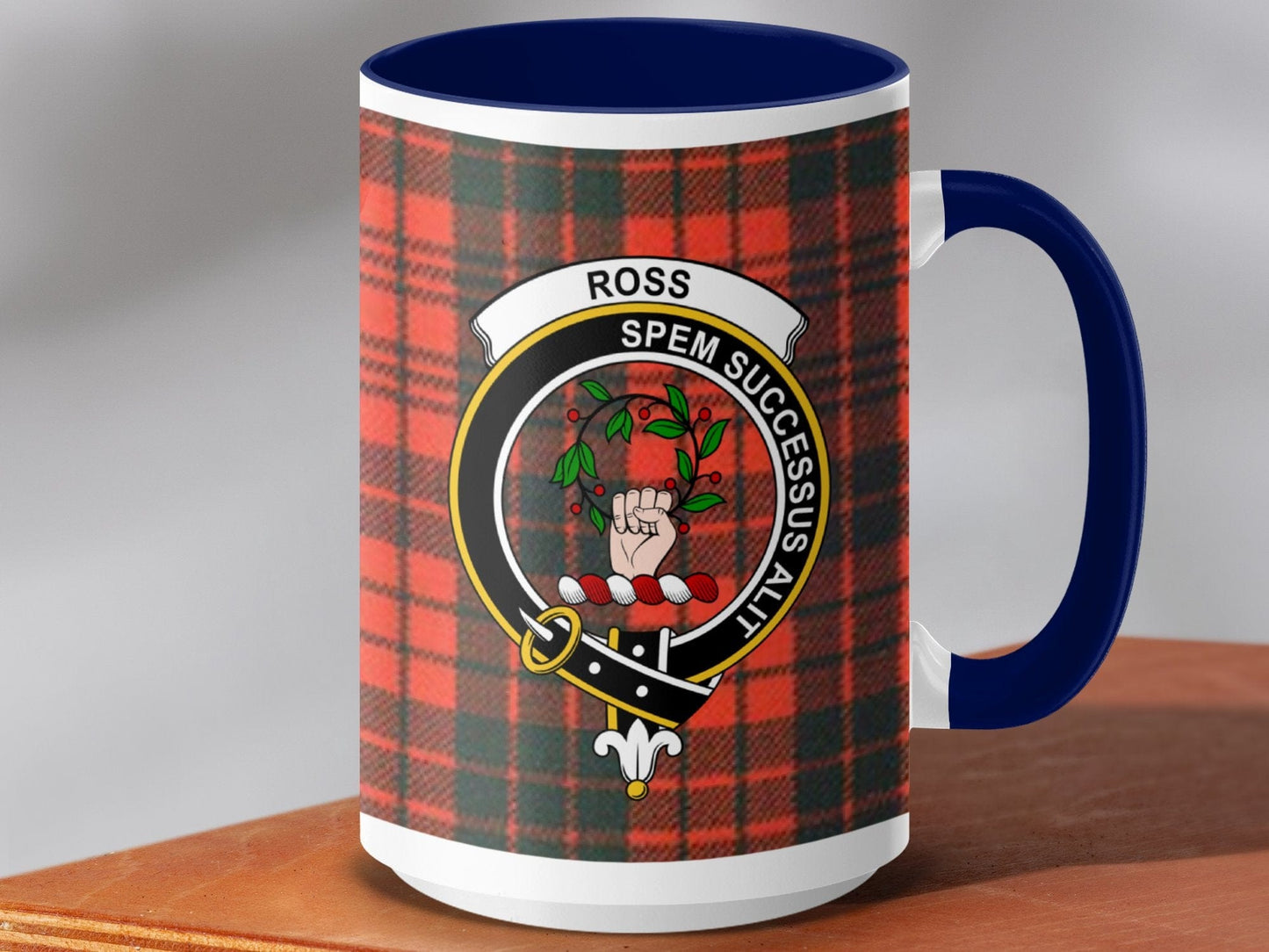 Physical Item 15oz / Dark Blue Ross Clan Crest Tartan Scottish Mug