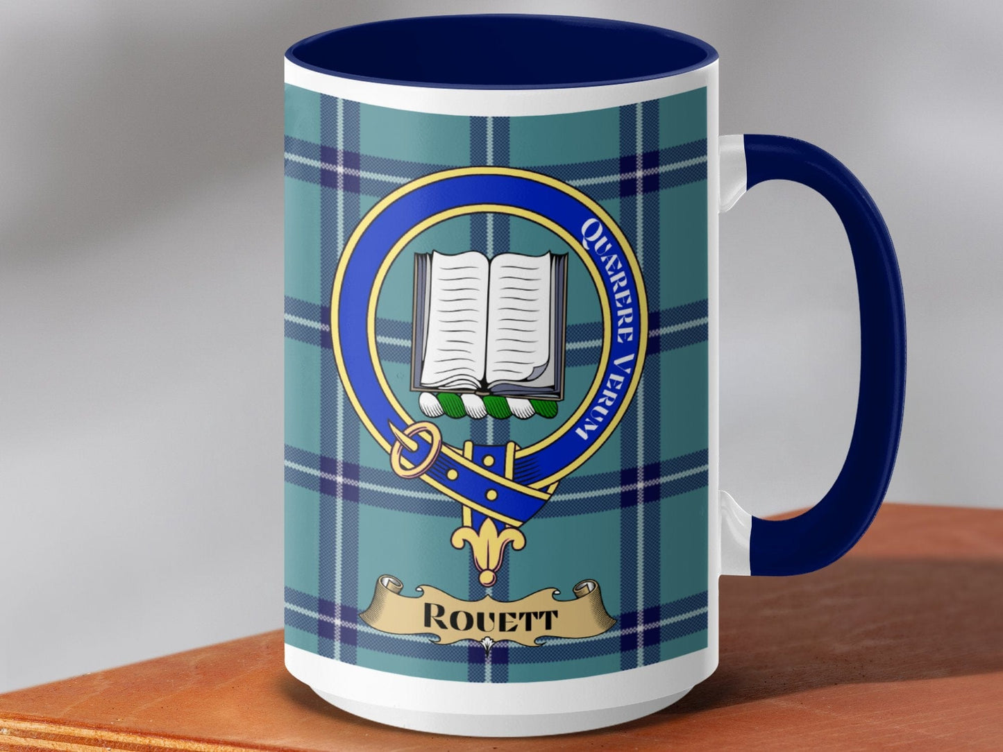 Physical Item 15oz / Dark Blue Rouett Clan Scottish Tartan Crest Mug