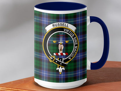 Physical Item 15oz / Dark Blue Russell Clan Scottish Tartan Crest Mug