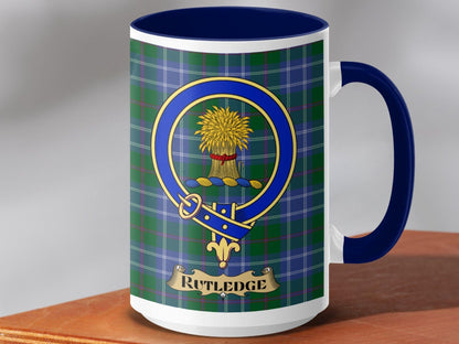 Physical Item 15oz / Dark Blue Rutledge Clan Scottish Tartan Crest Mug