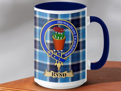 Physical Item 15oz / Dark Blue Rynd Clan Scottish Tartan Crest Mug