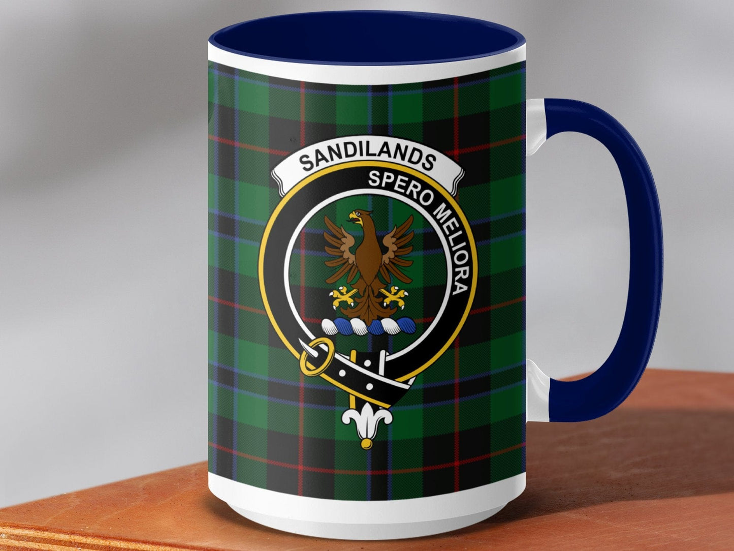 Physical Item 15oz / Dark Blue Sandilands Clan Scottish Tartan Crest Mug