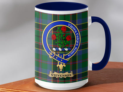 Physical Item 15oz / Dark Blue Stevenson Clan Scottish Tartan Crest Mug