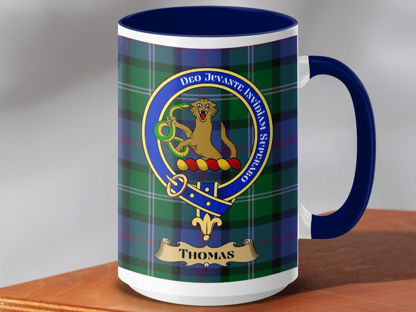 Physical Item 15oz / Dark Blue Thomas Clan Scottish Tartan Crest Mug