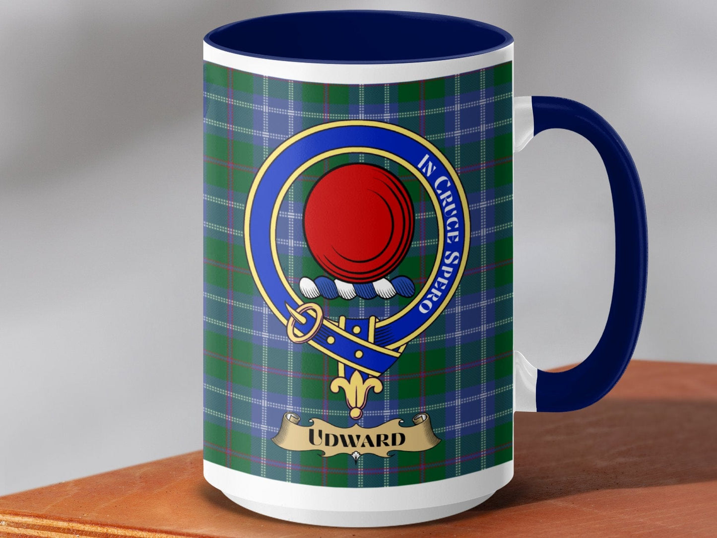 Physical Item 15oz / Dark Blue Udward Clan Scottish Tartan Crest Mug